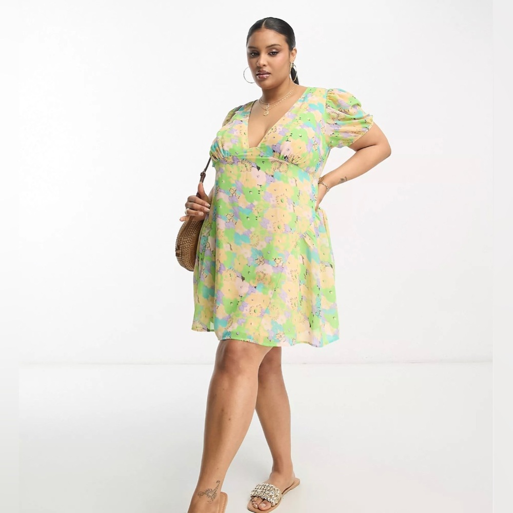 ASOS Curve Floral Mini Dress in Green and Yellow